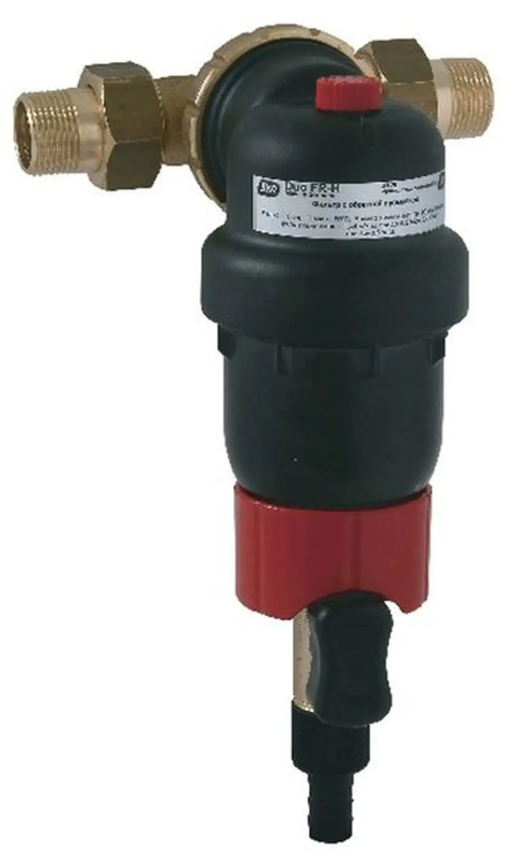 Rückspülfilter mit schwarzem Gehäuse und rotem Griff. Anschlüsse aus Messing. Geeignet zur Filterung von Wasser, hergestellt von Syr.